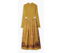 Marcellina cutout printed ribbed-knit and taffeta midi dress - Yellow