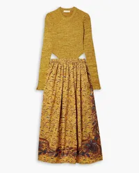 Ulla Johnson Marcellina cutout printed ribbed-knit and taffeta midi dress - Yellow Yellow