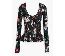 Pintucked floral-print stretch-jersey top - Black