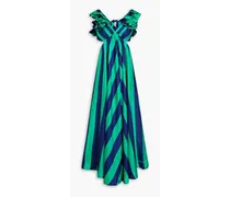 Ruffled striped silk-satin maxi dress - Green