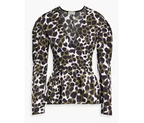 Leopard-print satin-twill peplum blouse - Green