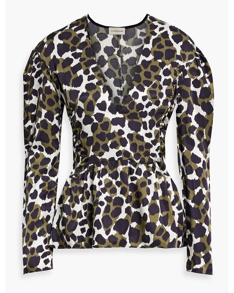 By Malene Birger Leopard-print satin-twill peplum blouse - Green Green