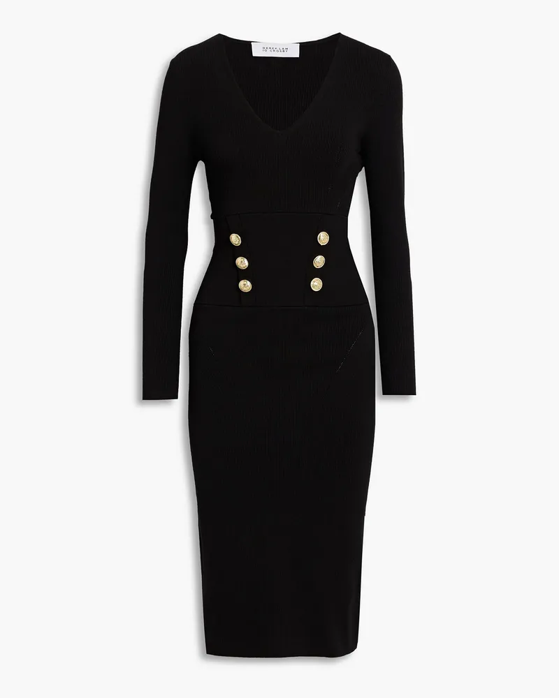 Button-embellished ribbed-knit midi dress - Black