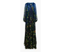 Printed silk-georgette hooded maxi dress - Blue