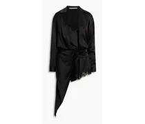 Asymmetric lace-trimmed silk-satin mini dress - Black