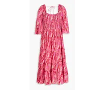 Shirred printed cotton-blend midi dress - Pink