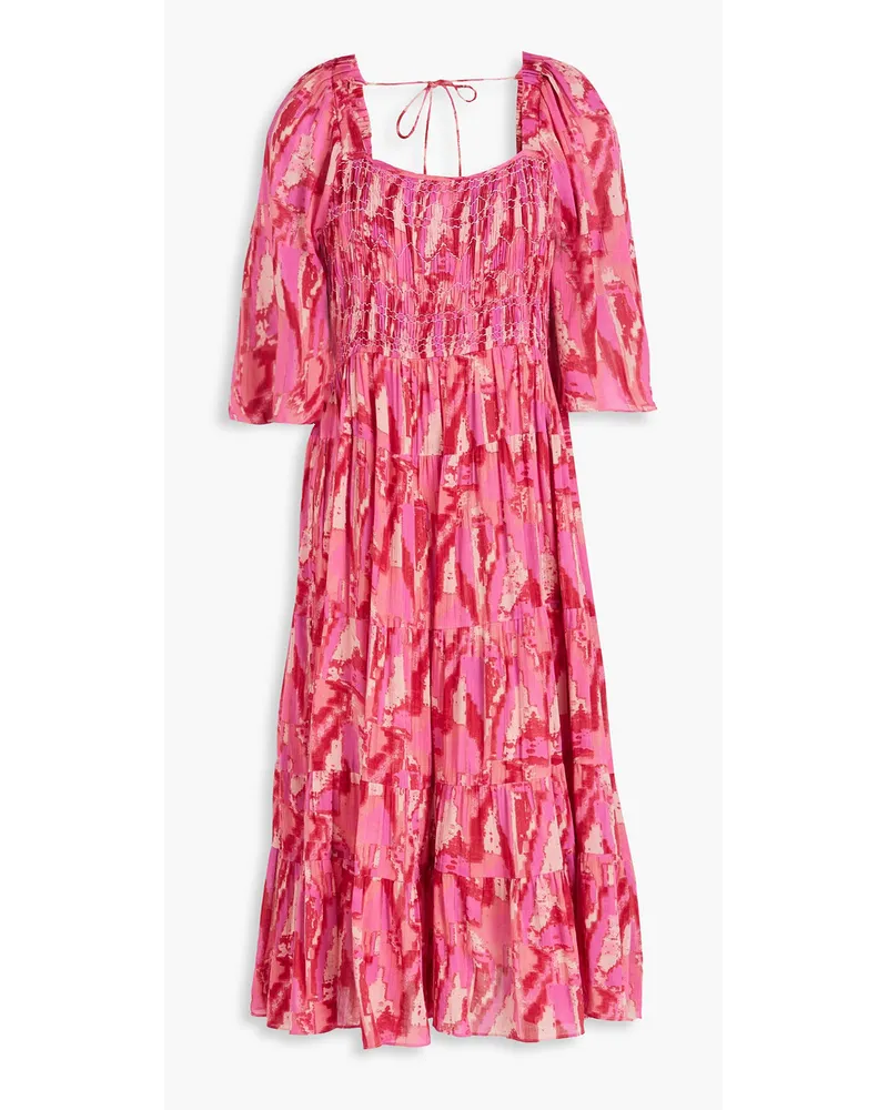 ba&sh Shirred printed cotton-blend midi dress - Pink Pink