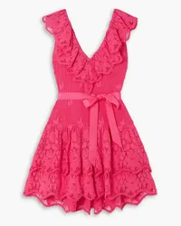 Miguelina Coco belted ruffled crocheted cotton mini dress - Pink Pink