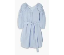 Belted pinstriped cotton-poplin mini dress - Blue