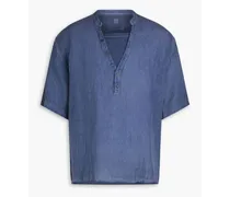 Jersey-paneled slub linen Henley shirt - Blue