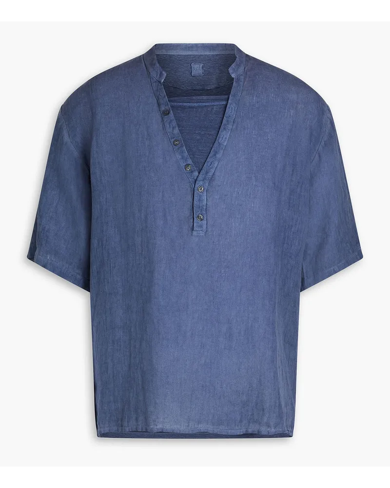 120% Lino Jersey-paneled slub linen Henley shirt - Blue Blue