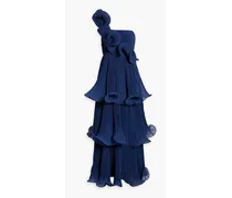 One-shoulder tiered plissé-chiffon gown - Blue
