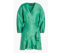 Crinkled linen-blend mini wrap dress - Green