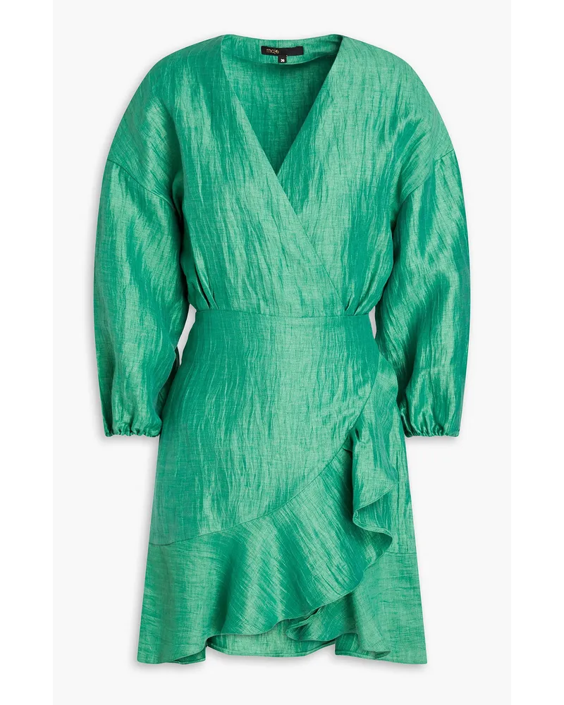 Maje Crinkled linen-blend mini wrap dress - Green Green