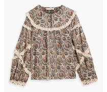 Edith ruffled printed cotton-blend gauze blouse - Brown