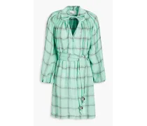 Checked linen-blend gauze mini dress - Green