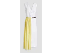 Plissé gauze-paneled cotton-poplin midi dress - White