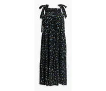 Tiered floral-print silk crepe de chine midi dress - Black