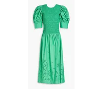 Shirred broderie anglaise cotton midi dress - Green