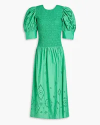 Ganni Shirred broderie anglaise cotton midi dress - Green Green