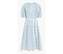 Belted broderie anglaise cotton midi dress - Blue