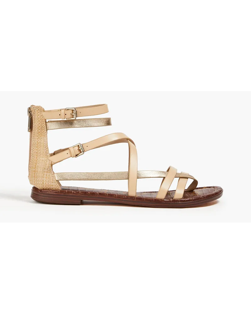 Sam Edelman Gibbs raffia-paneled metallic leather sandals - Neutral Neutral