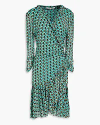 Diane von Furstenberg Paloma ruffled printed stretch-mesh mini wrap dress - Blue Blue