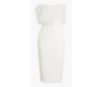 Strapless feather-embellished scuba midi dress - White
