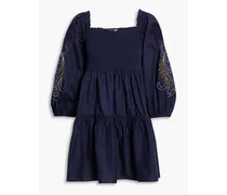Lola shirred embroidered cotton mini dress - Blue