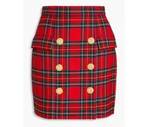 Button-embellished checked stretch-wool mini skirt - Red