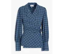 Gathered checked stretch-seacell wrap blouse - Blue