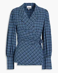 Ganni Gathered checked stretch-seacell wrap blouse - Blue Blue