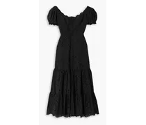 Lana tiered broderie anglaise cotton-blend midi dress - Black