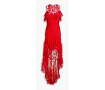 Asymmetric ruffled lace gown - Red