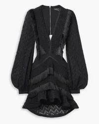 Pat Bo Fringed cutout crochet-knit mini dress - Black Black