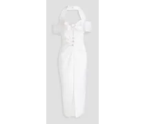 Cold-shoulder crystal-embellished cutout midi dress - White