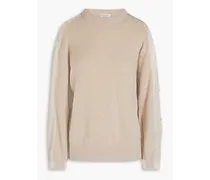 Satin-paneled ribbed cashmere sweater - Neutral