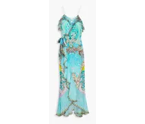 Embellished printed silk crepe de chine maxi wrap dress - Blue