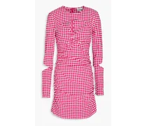 Cutout ruched gingham seersucker mini dress - Pink