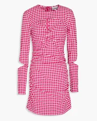 Ganni Cutout ruched gingham seersucker mini dress - Pink Pink