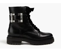 Crystal-embellished leather combat boots - Black