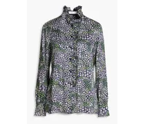Ruffle-trimmed floral-print satin shirt - Blue