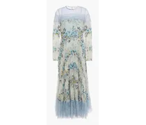 Pleated floral-print georgette, lace and point d'esprit midi dress - Blue