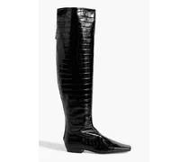 Croc-effect leather over-the-knee boots - Black