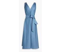 Bead-embellished gathered cotton-blend poplin midi dress - Blue