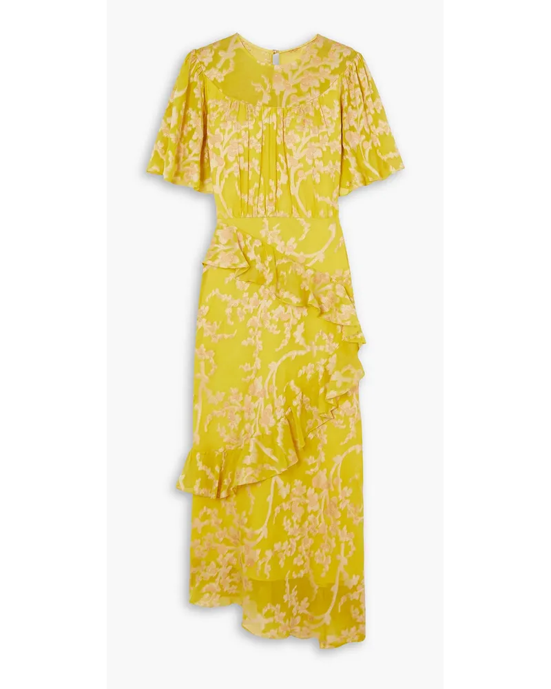 Saloni Vida ruffled fil coupé silk-georgette midi dress - Yellow Yellow