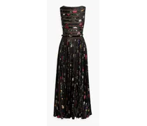 Pleated floral-jacquard gown - Black