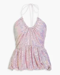 ROTATE Birger Christensen Metallic sequined tulle halterneck peplum top - Pink Pink