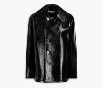 Coated faux textured-leather coat - Black
