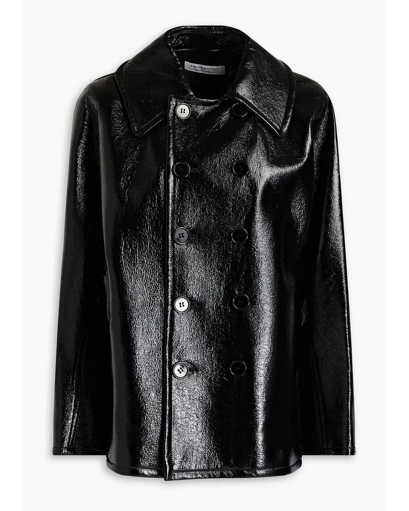 Coated faux textured-leather coat - Black